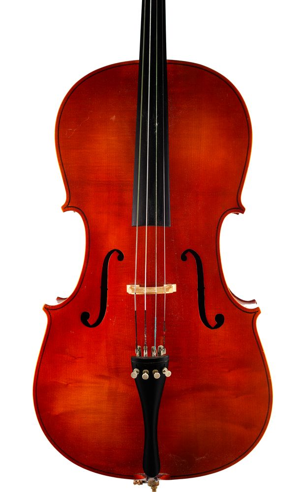 A cello, labelled Made in Hungary