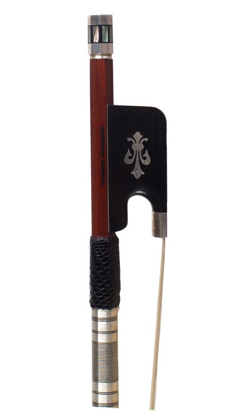 A silver-mounted contemporary viola bow, branded Maestro Archetier