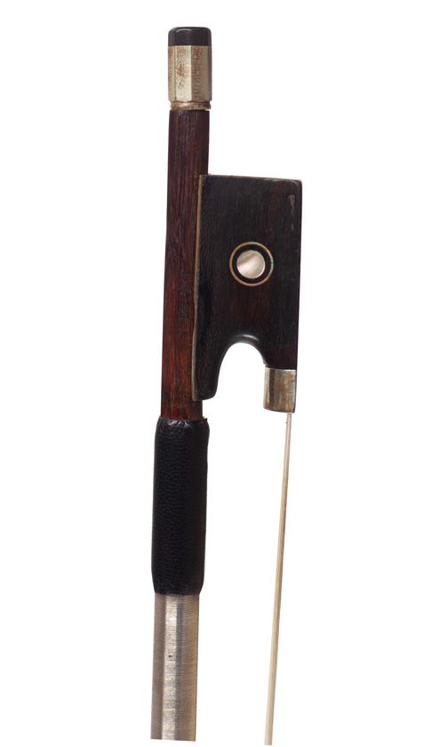 A nickel-mounted violin bow, stamped Lupot