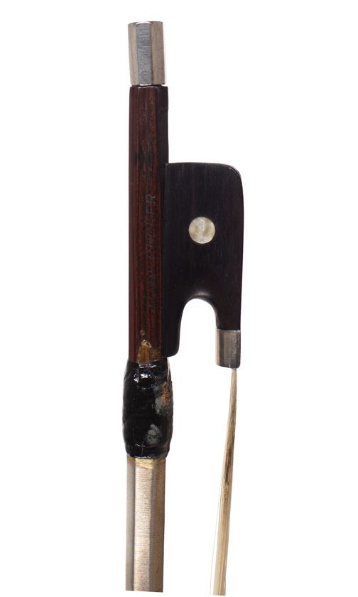 A nickel-mounted cello bow, stamped Mary Cocker