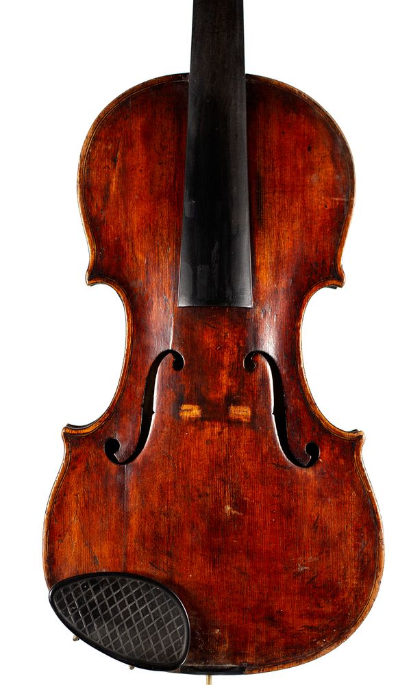 A violin, labelled Made by Peter Wamsley