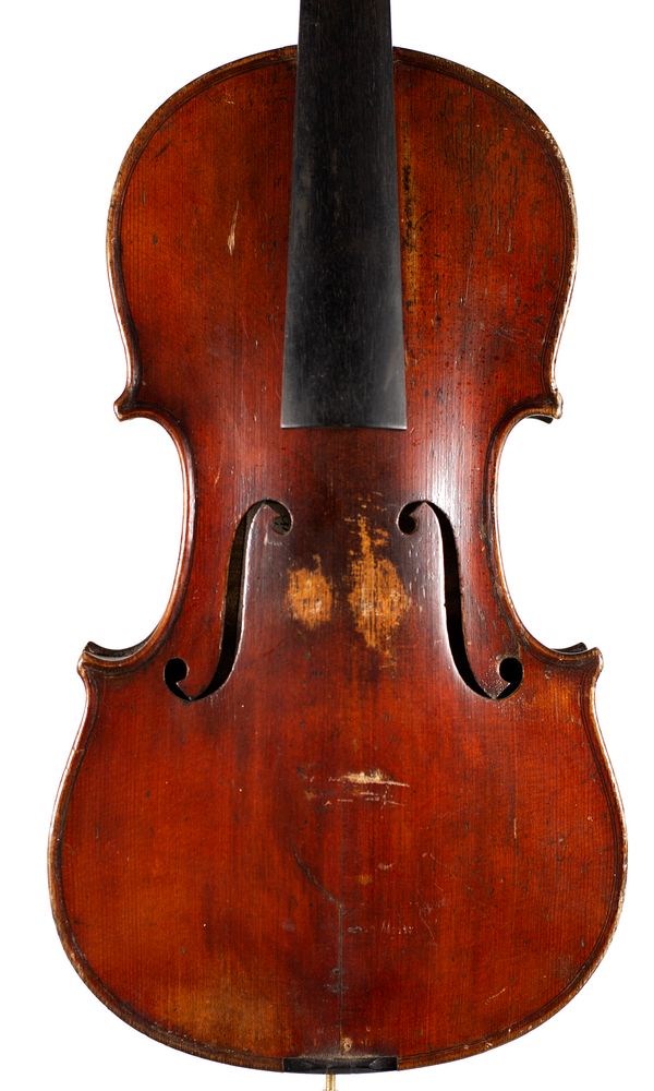 A violin, bearing a repairer's label