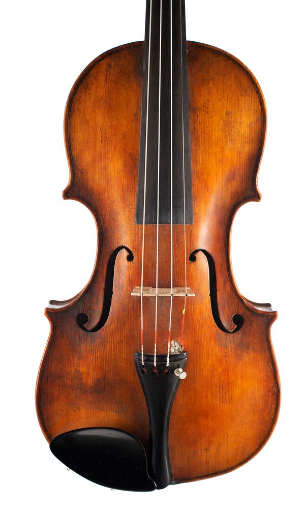 A violin, labelled Opus Bartholomaey Tassini