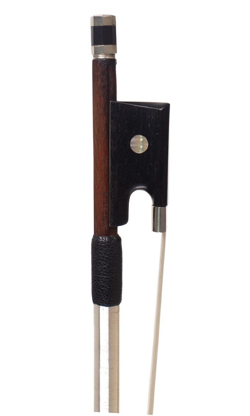 A nickel-mounted violin bow, stamped Maline