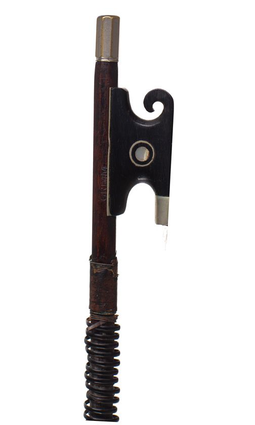 A nickel-mounted violin bow, stamped Grimm