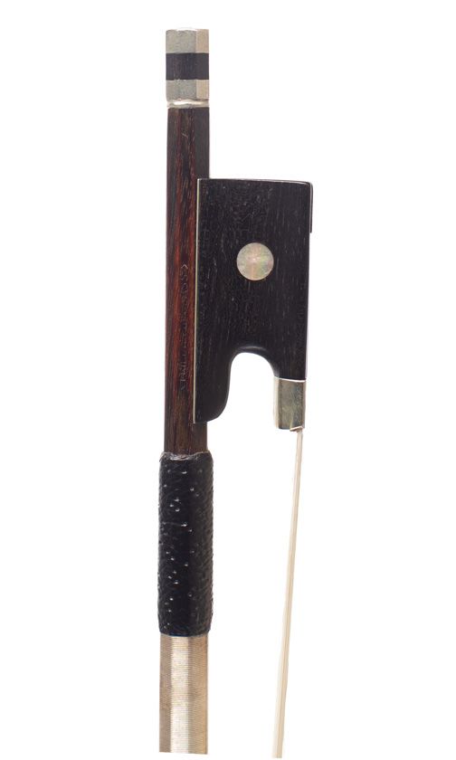 A nickel-mounted violin bow, branded Friedrich Glass
