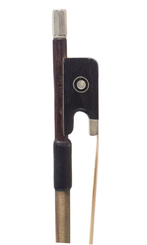 A nickel-mounted violin bow, branded Justus Mark Gass [?]