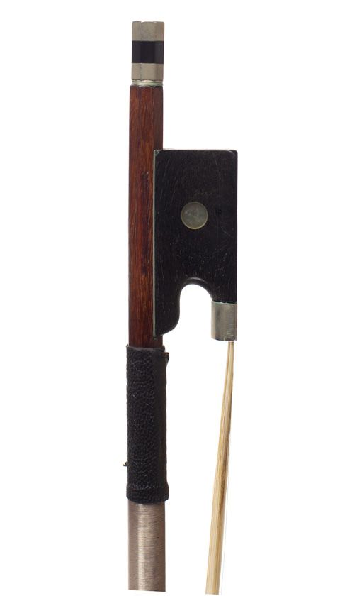 A nickel-mounted violin bow, branded Roger Breton