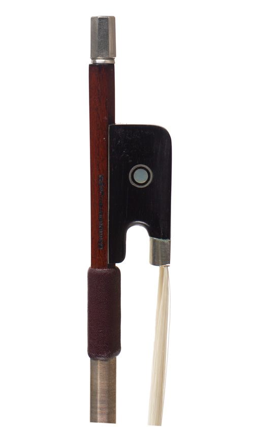 A nickel-mounted violin bow, by Roger Devoivre