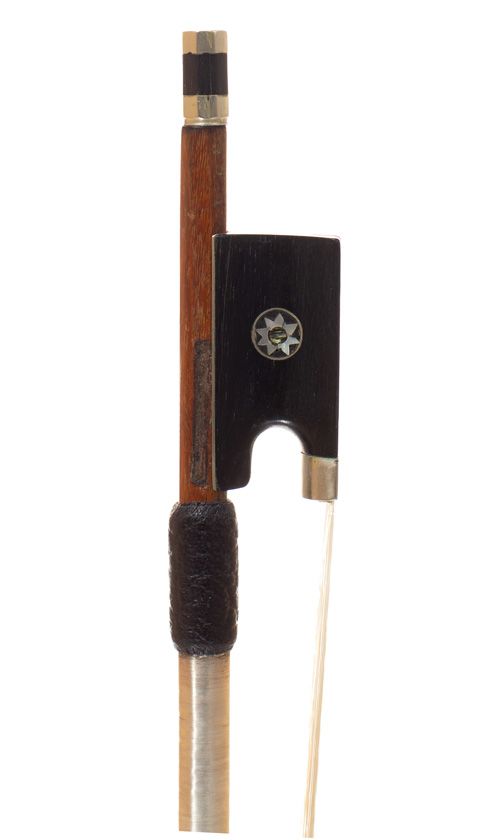 A nickel-mounted violin bow, indistinctly branded