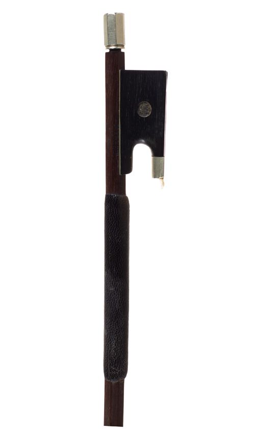 A nickel-mounted violin bow, branded Pillot