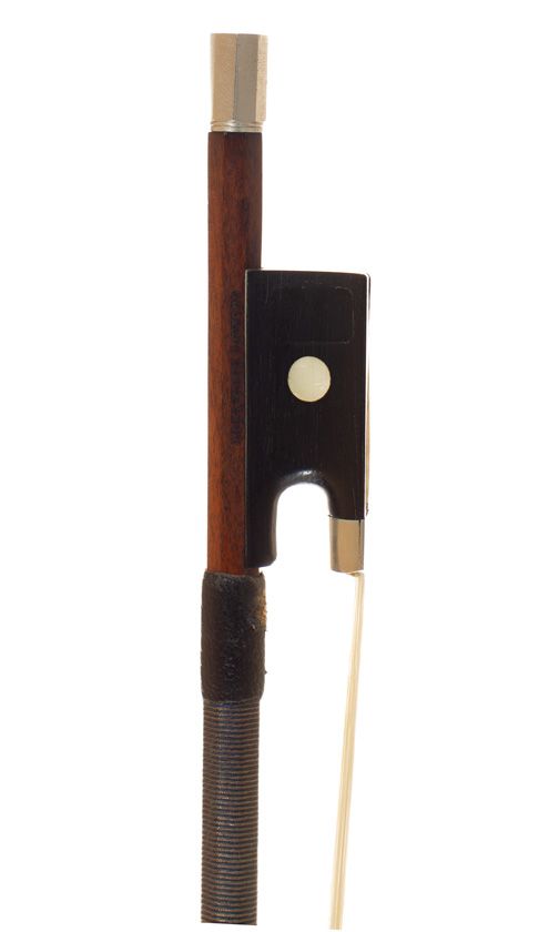 A nickel-mounted violin bow, branded Gustave Bernardel
