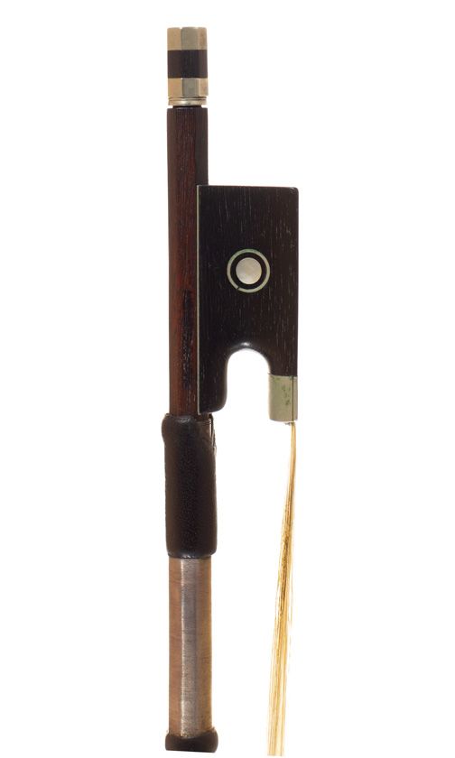 A nickel-mounted violin bow, branded Henry