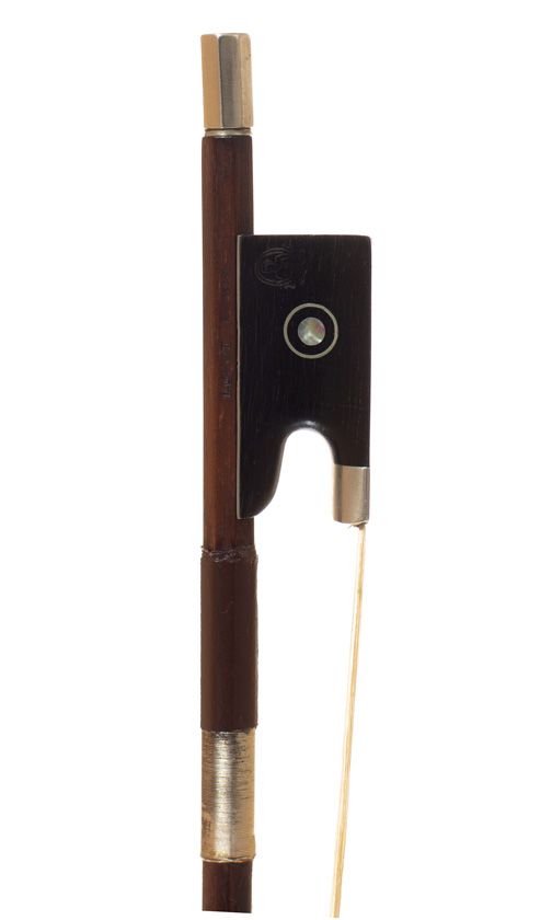 A nickel-mounted violin bow, branded Lupot