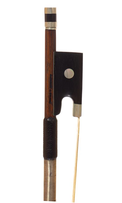 A nickel-mounted violin bow, branded A. Lamy a Paris