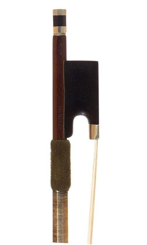 A nickel-mounted violin bow, branded Albert