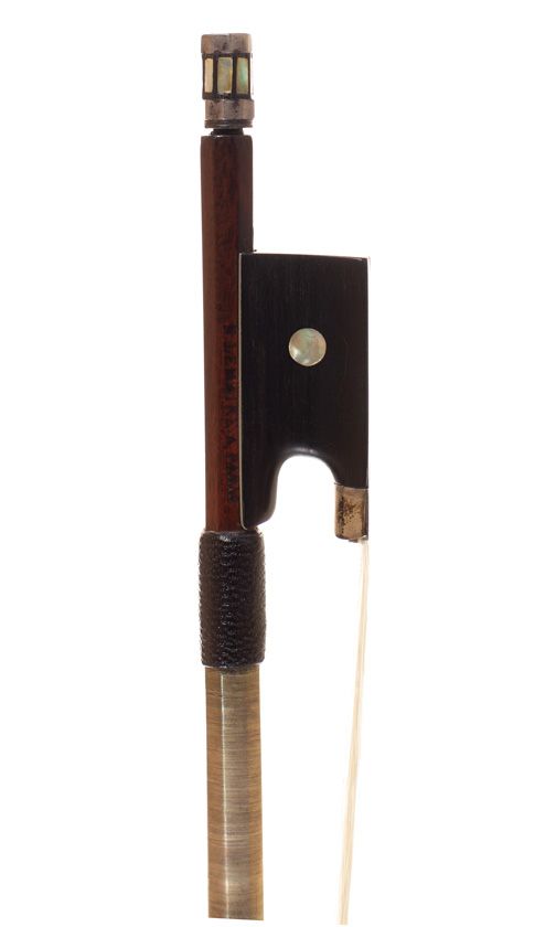 A nickel-mounted violin bow, branded N. Lemaire