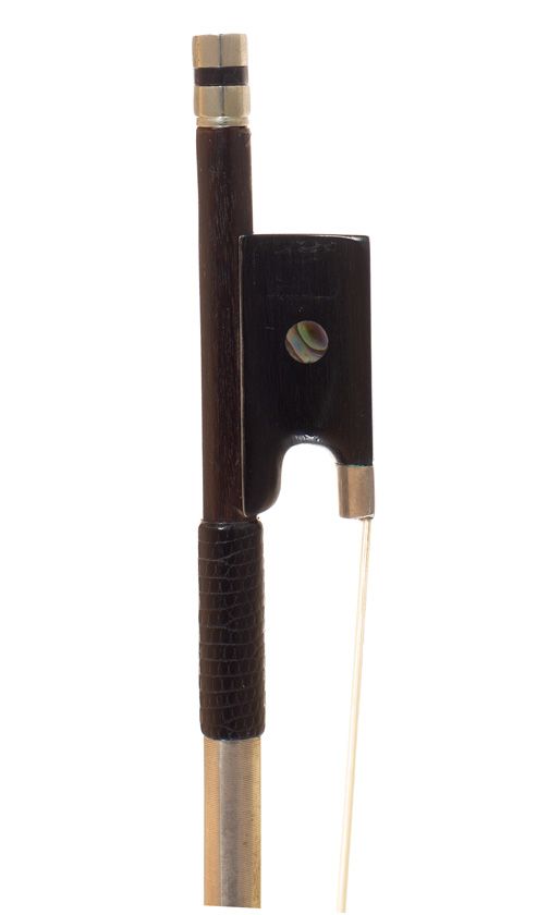 A nickel-mounted viola bow, branded Tourte