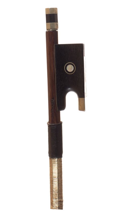 A nickel-mounted violin bow, branded Peccatte