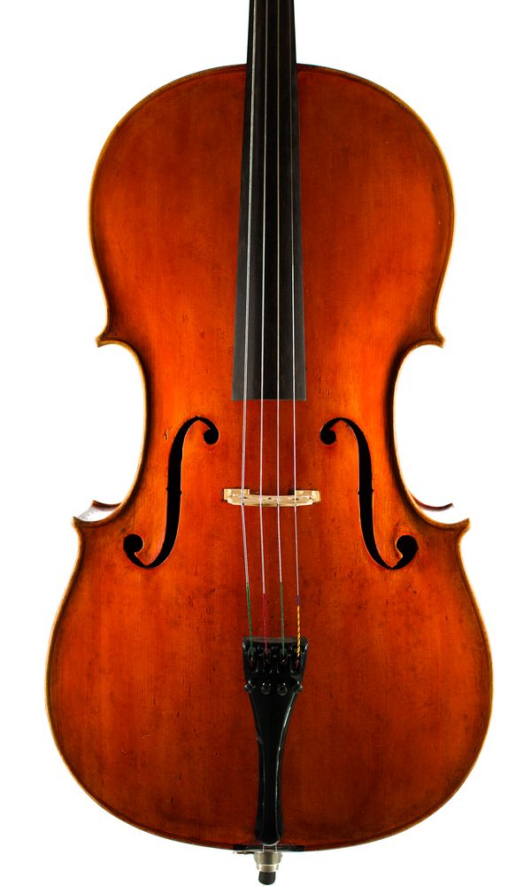 A cello, labelled Thomas Balestrieri