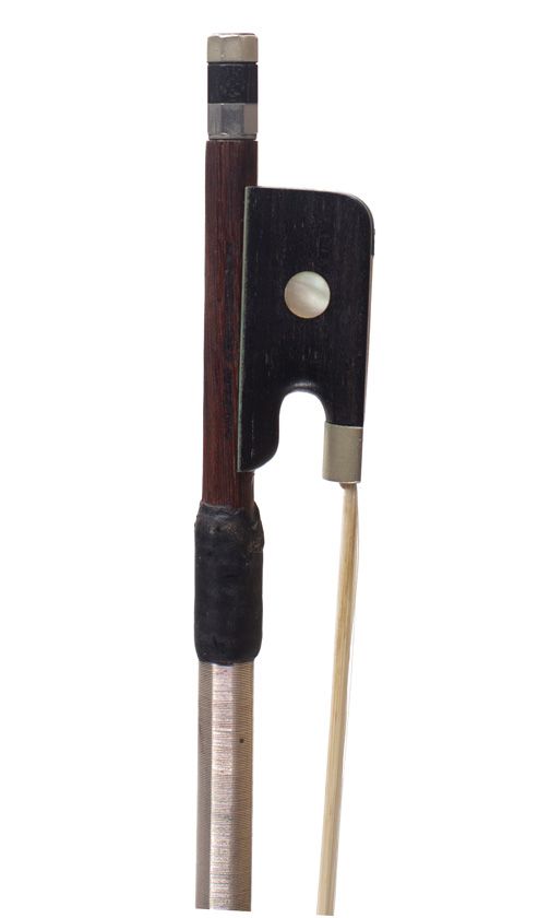 A nickel-mounted violin bow, branded Albert Nurnberger