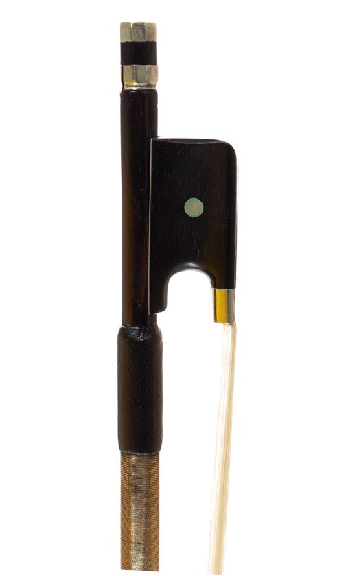 A nickel-mounted violin bow, branded Vuillaume