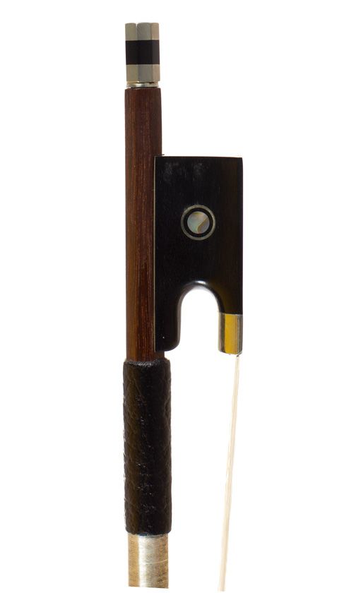 A nickel-mounted viola bow, indistinctly branded
