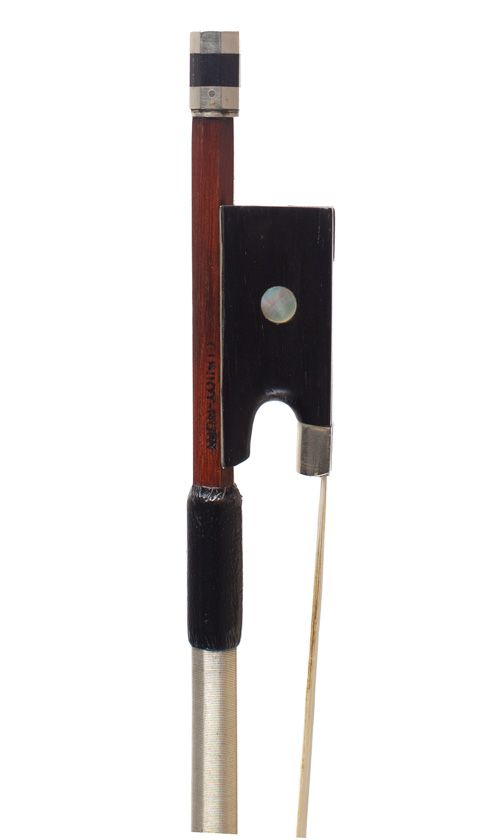 A nickel-mounted violin bow, branded Cuniot-Hury
