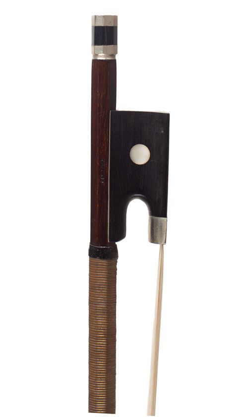 A nickel-mounted violin bow, branded Lupot
