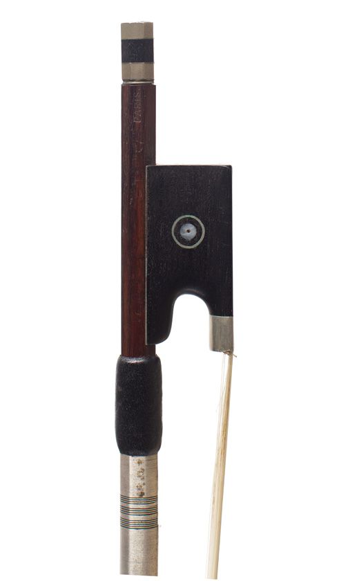 A nickel-mounted violin bow, branded Tourte