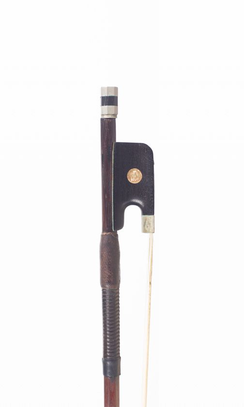 A nickel-mounted violin bow, branded R. Weichold