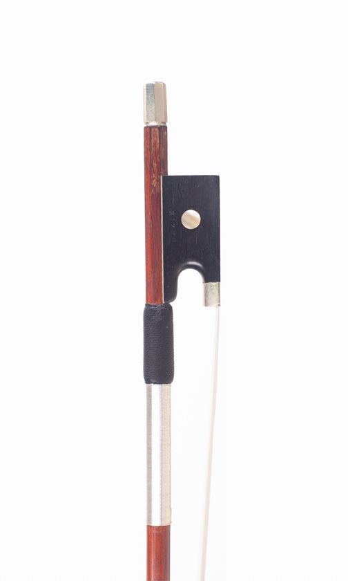 A nickel-mounted violin bow, branded Bazin