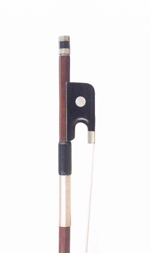 A nickel-mounted cello bow, branded Fiorenzo