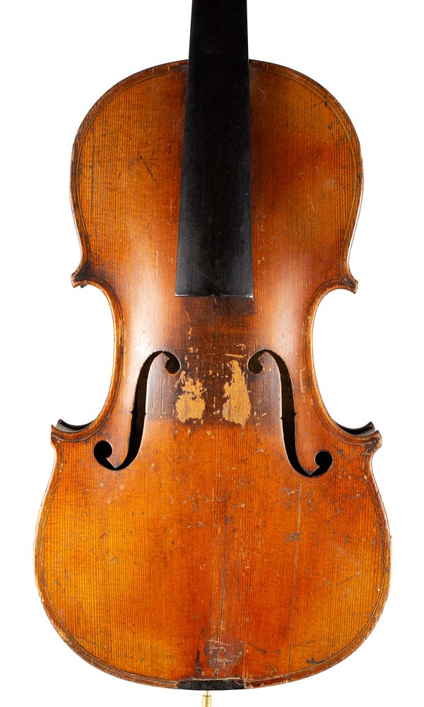 A violin, labelled Marengo Romanus Rinaldi