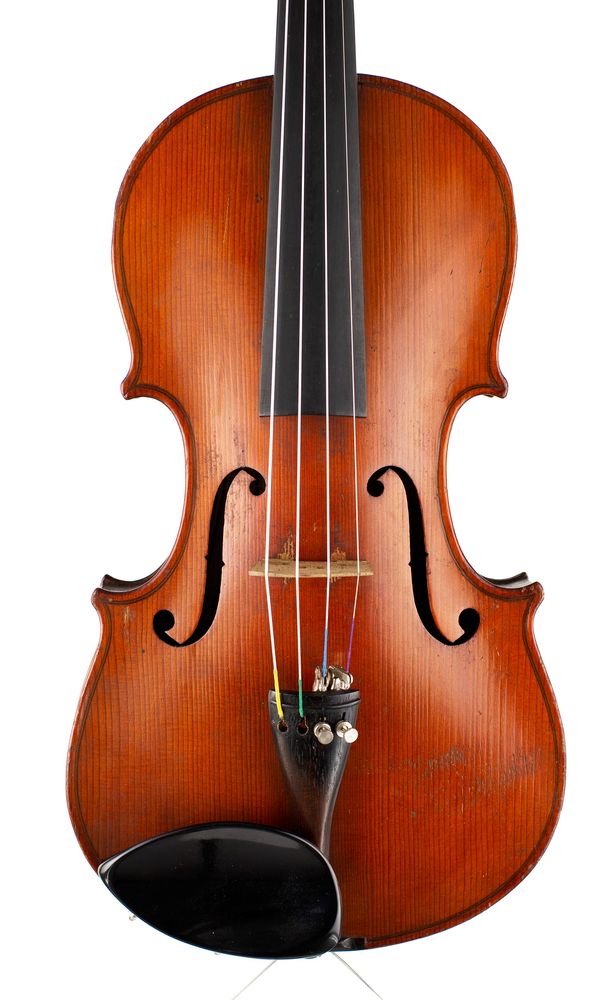 A violin, labelled Heinr. Moritz Schuster