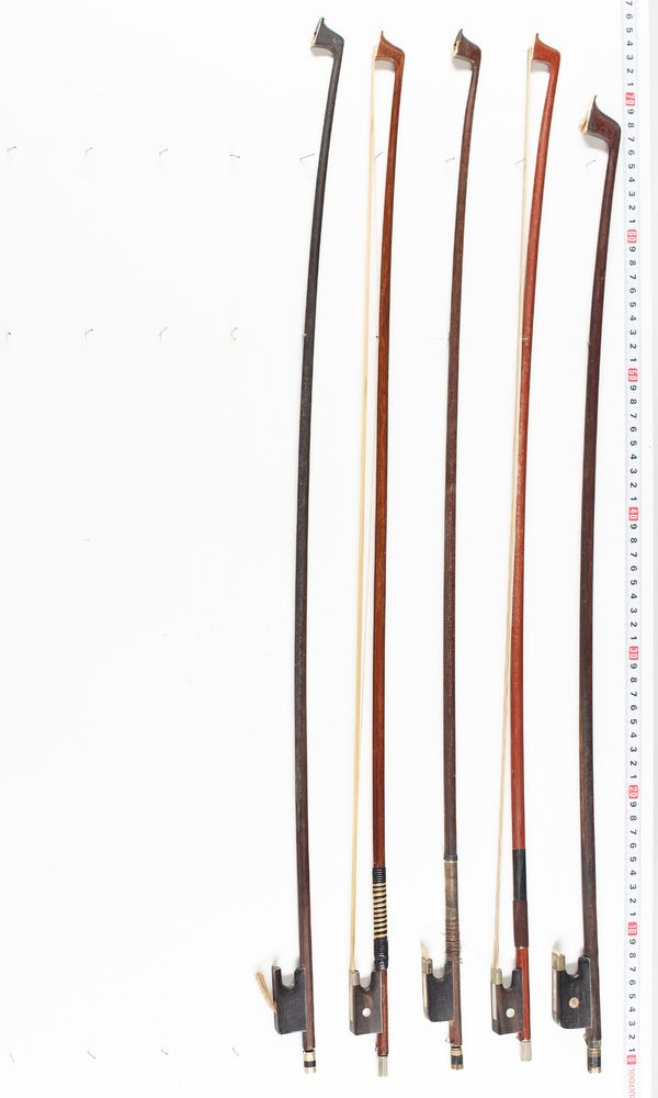 Four violin bows and one cello bow, various lengths