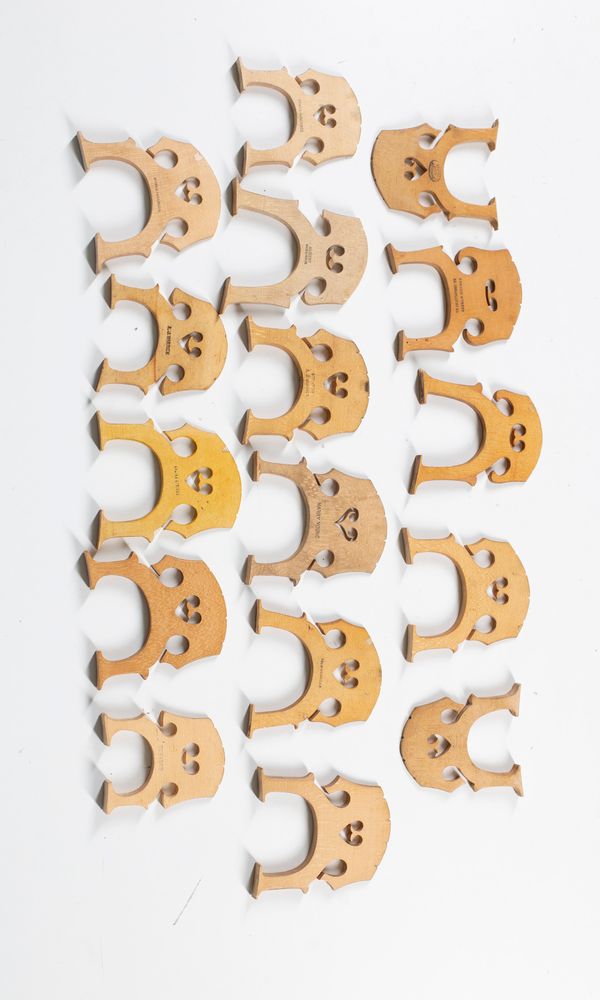 Sixteen cello bridges, varying sizes