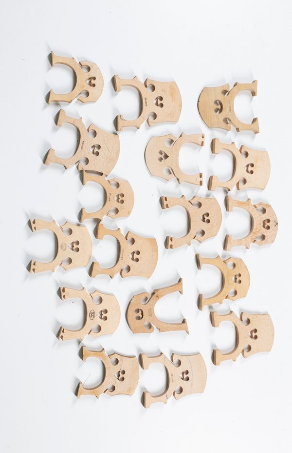 Seventeen cello bridges, varying sizes