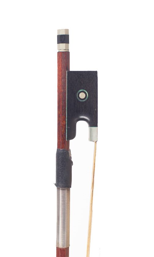 A nickel mounted violin bow, stamped [indistinctly]