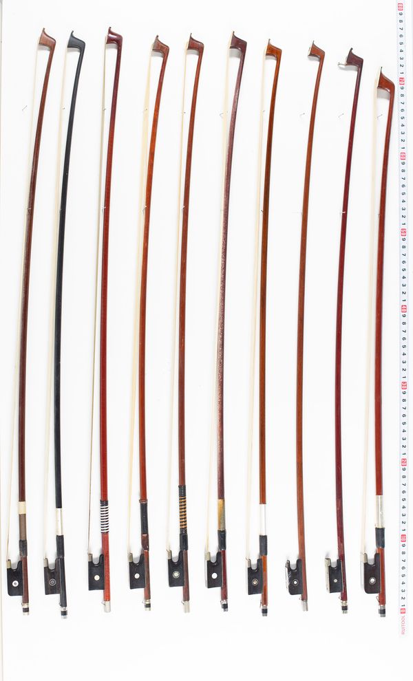 Sixteen violin bows and two cello bows, various lengths (and one frog)