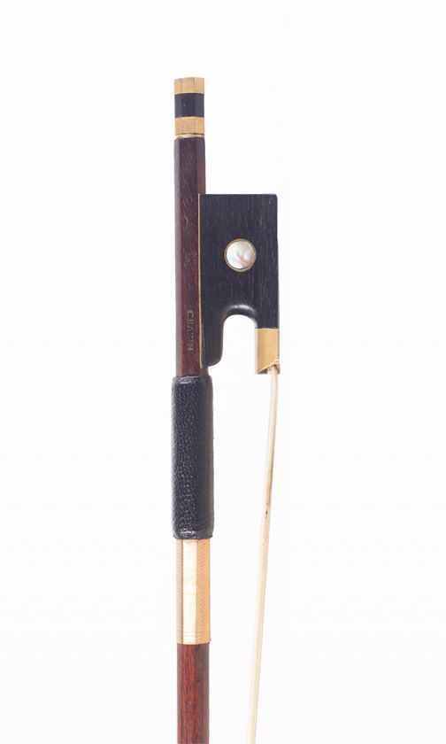 A nickel-mounted violin bow, branded C Bazin