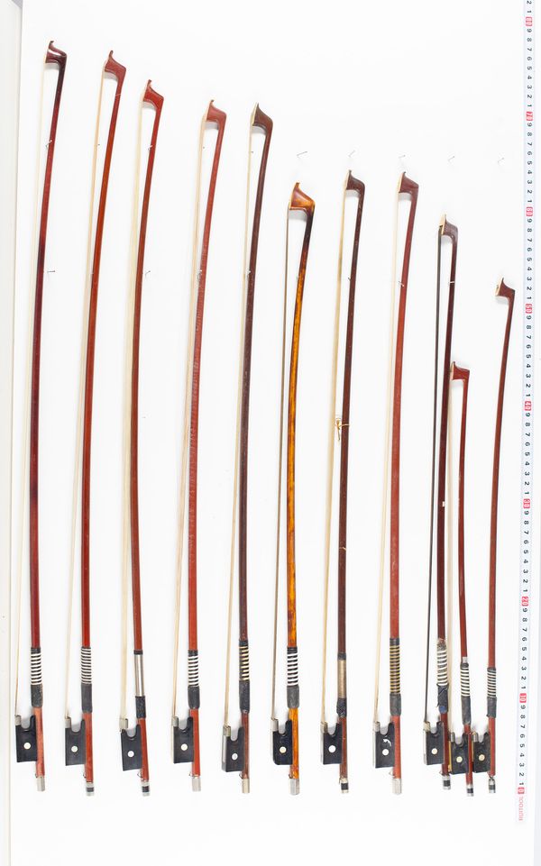 Eighteen violin bows and two cello bows, various lengths