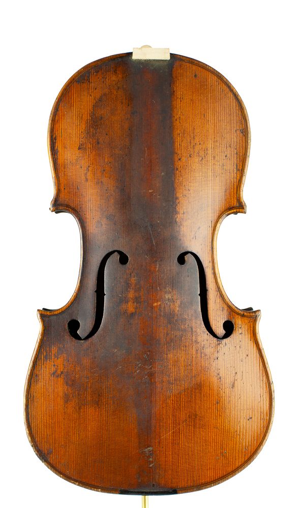 A violin body with a separated neck, labelled Joseph Hill & Sons