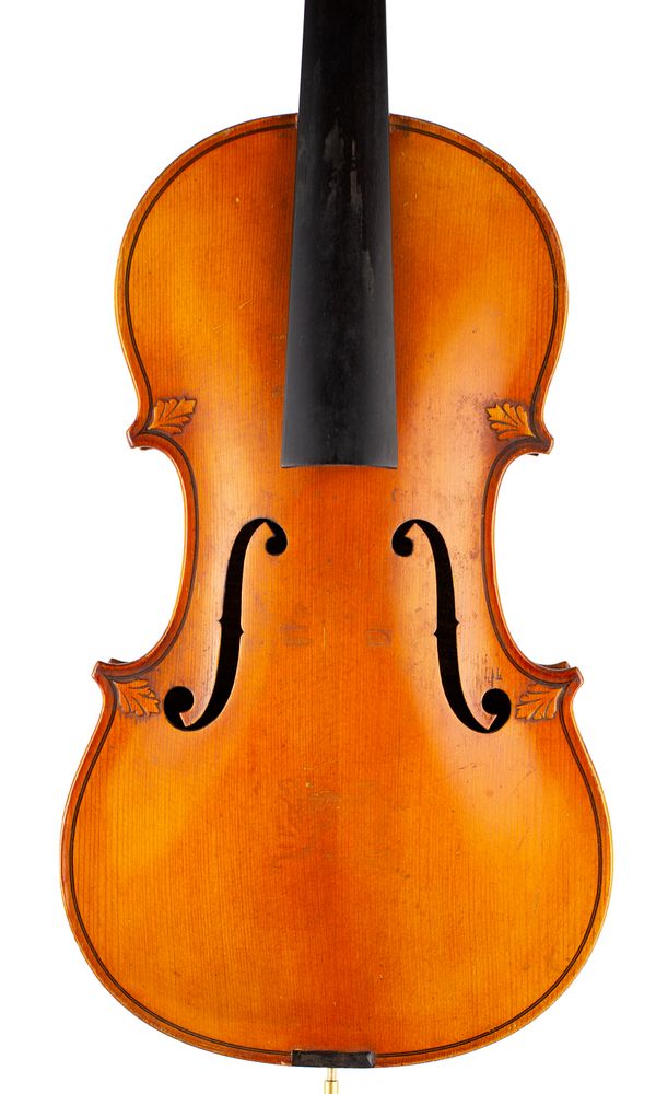 A violin, labelled Gaspard Duiffopruggar