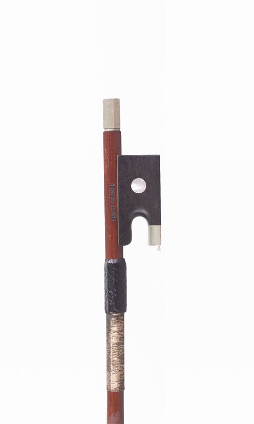 A half-sized nickel-mounted violin bow, branded Erich Steiner