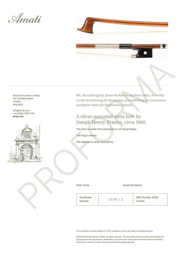 A silver-mounted viola bow by Joseph Henry, France, circa 1860 - Photo 2