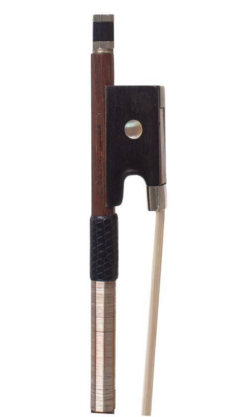 A nickel-mounted violin bow, stamped G.A. Pfretzschner