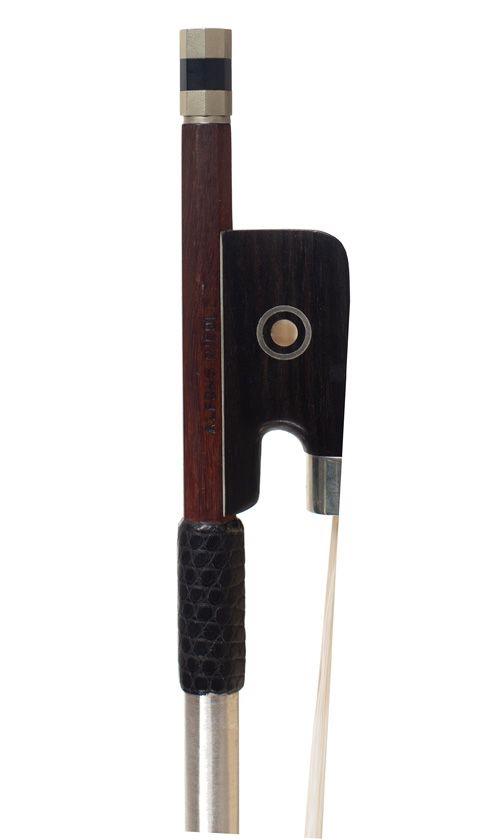 A nickel-mounted cello bow, stamped Alfons Riedl