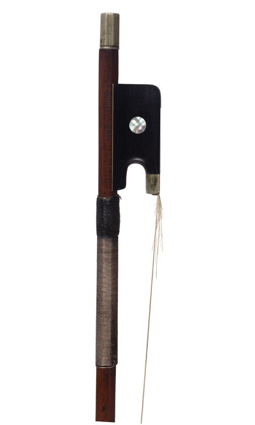 A nickel-mounted violin bow, stamped Cuniot-Hury