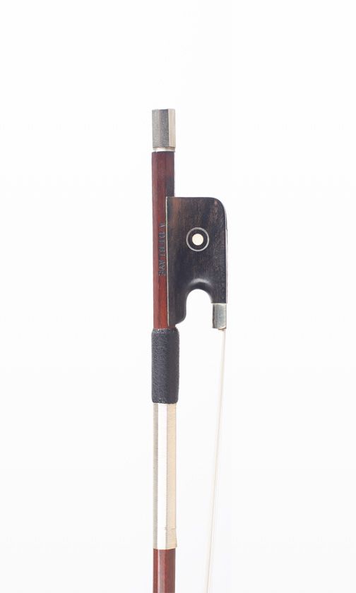 A nickel-mounted violin bow by Louis Morizot (freres), Mirecourt, 1950